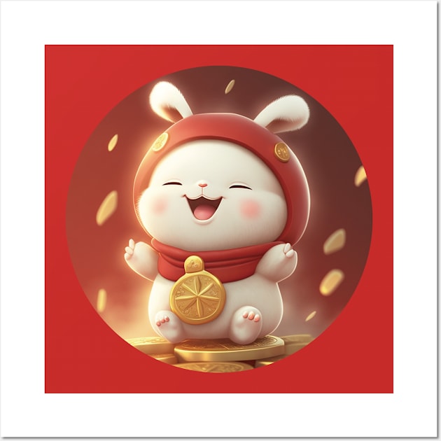 Happy New Year Rabbit with Gold Luck Wall Art by BlueArtifact